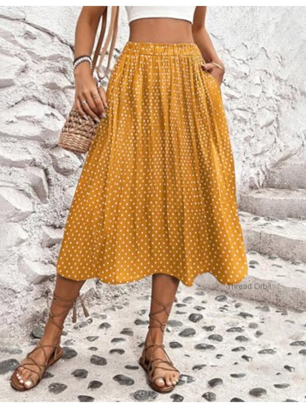 Women's High Waisted Pleated A-Line Midi Skirt with Pockets - Picture 3 of 6